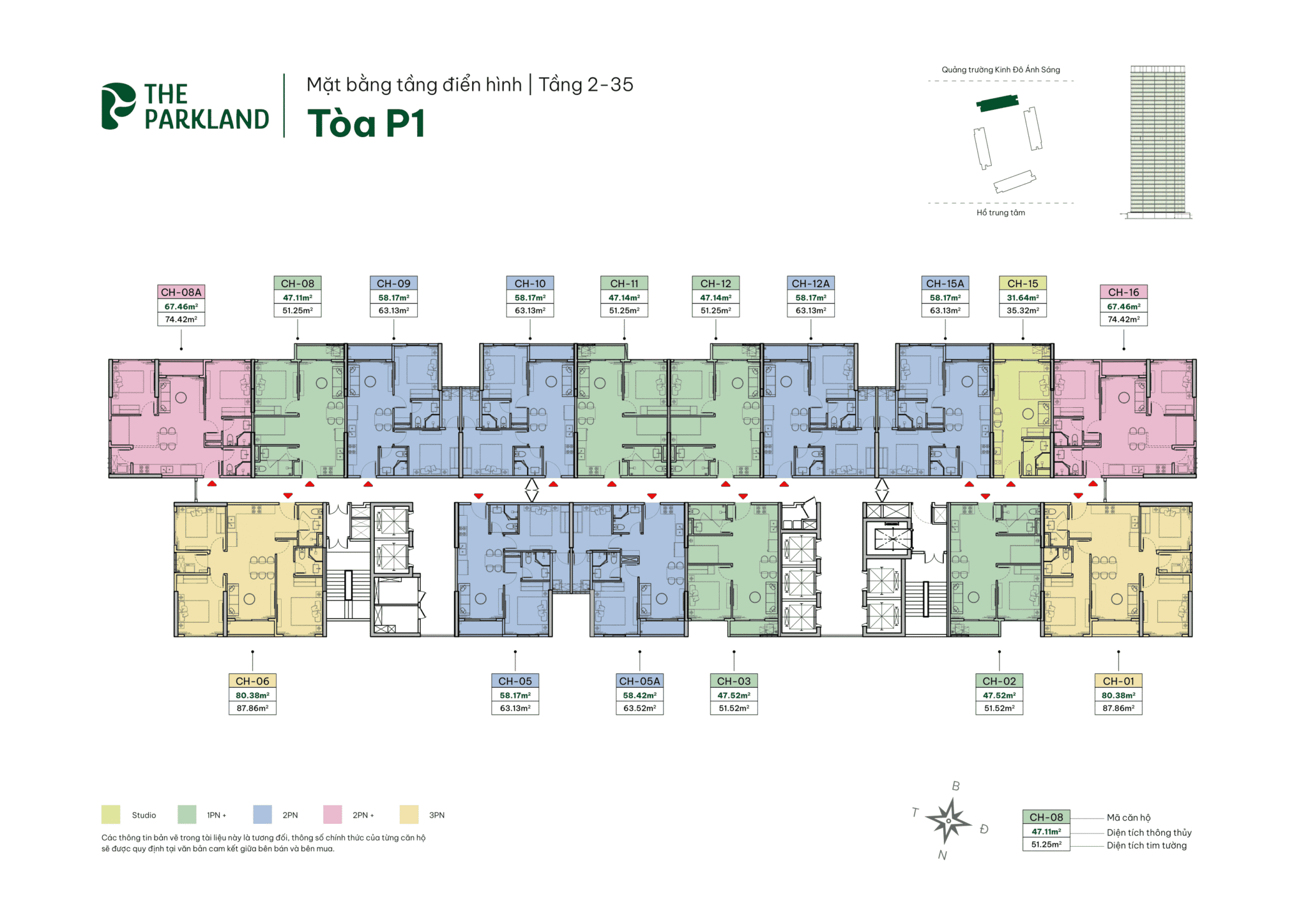 Căn hộ 2 phòng ngủ The Parkland được thiết kế 6 căn mỗi tầng